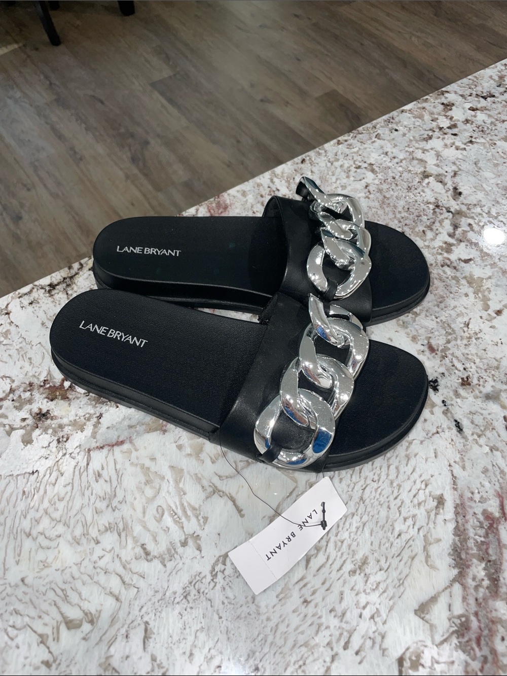 Lane Bryant Black Slide Sandals with Chunky Silver Chain